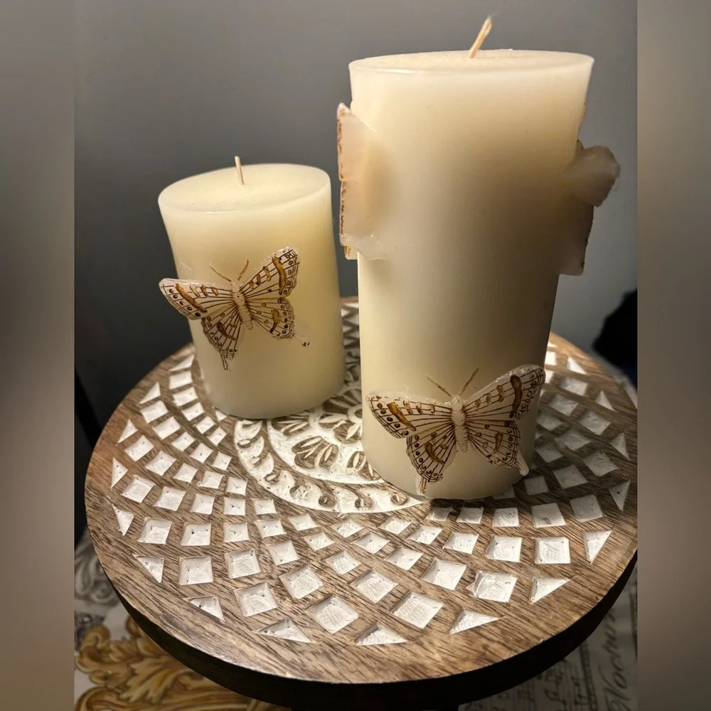 Pier 1 NWT Pillar Cream w/Gold Raised Butterfly Candles
